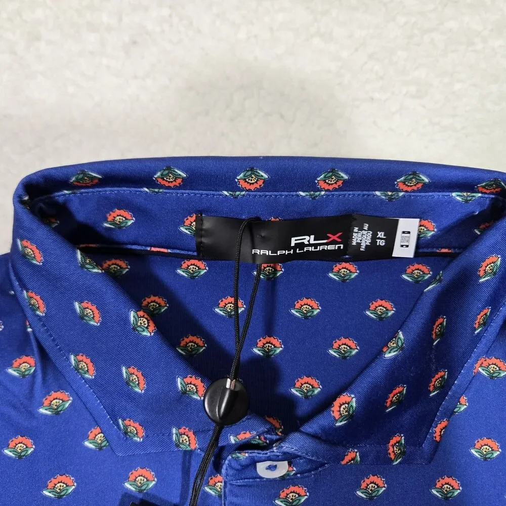 RLX Ralph Lauren Mens XL Performance Golf Floral Print Polo Shirt Stretch Blue